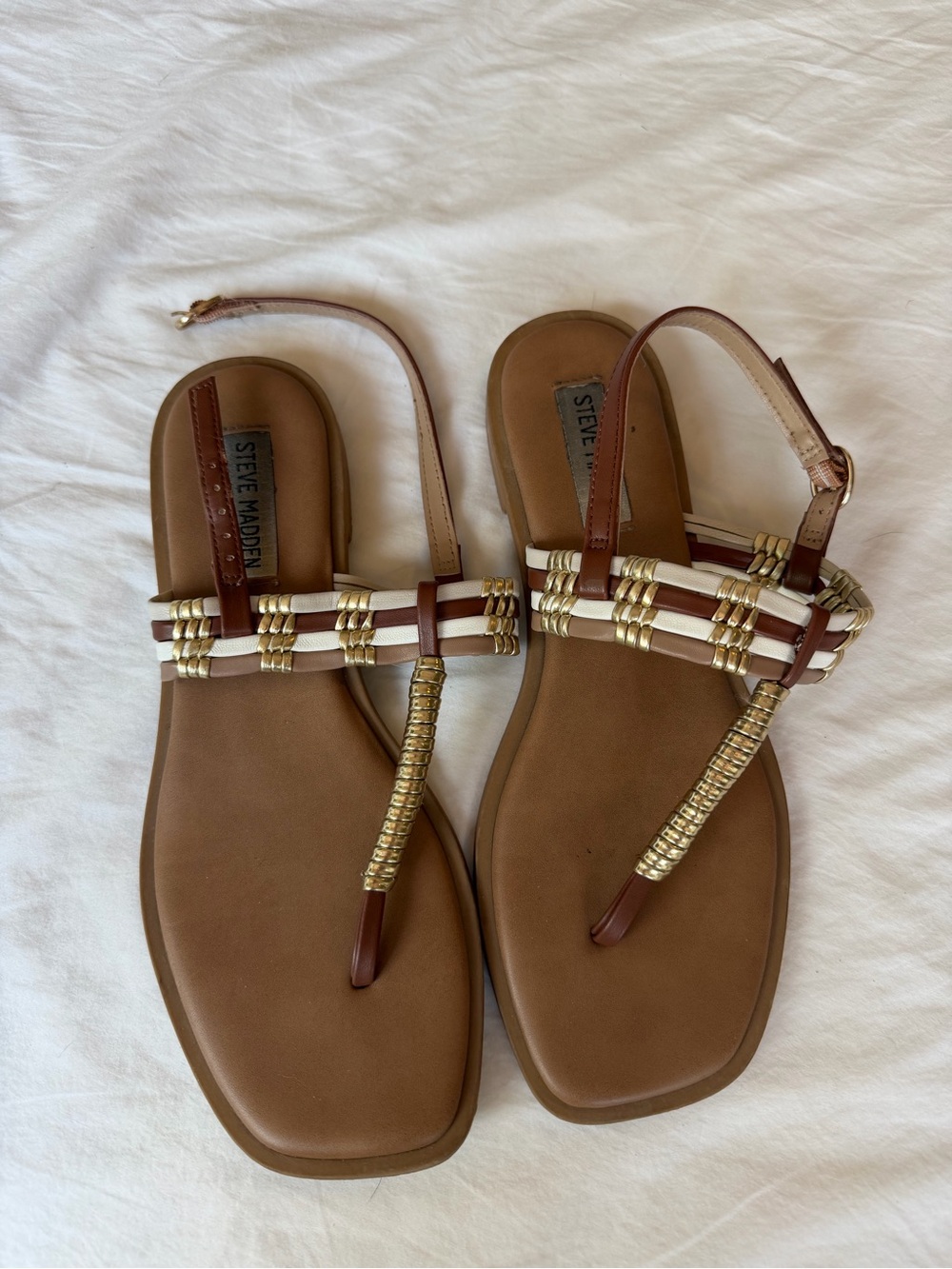 Steve Madden Brown, White & Gold Braided T-Strap Sandals
